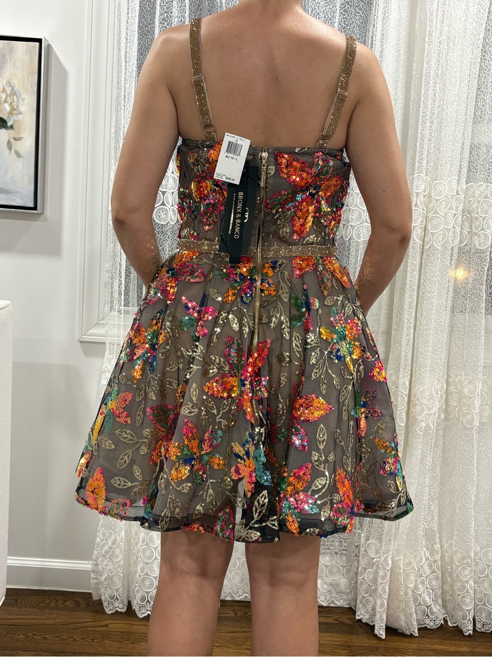 Bronx and Banco Brown Mini Dress with Multicolor Sequin Floral Embroidery - Picture 13 of 16